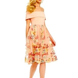 Gianni Bini Laura Peach Pink Floral Off the Shoulder Fit & Flare Midi Dress - S